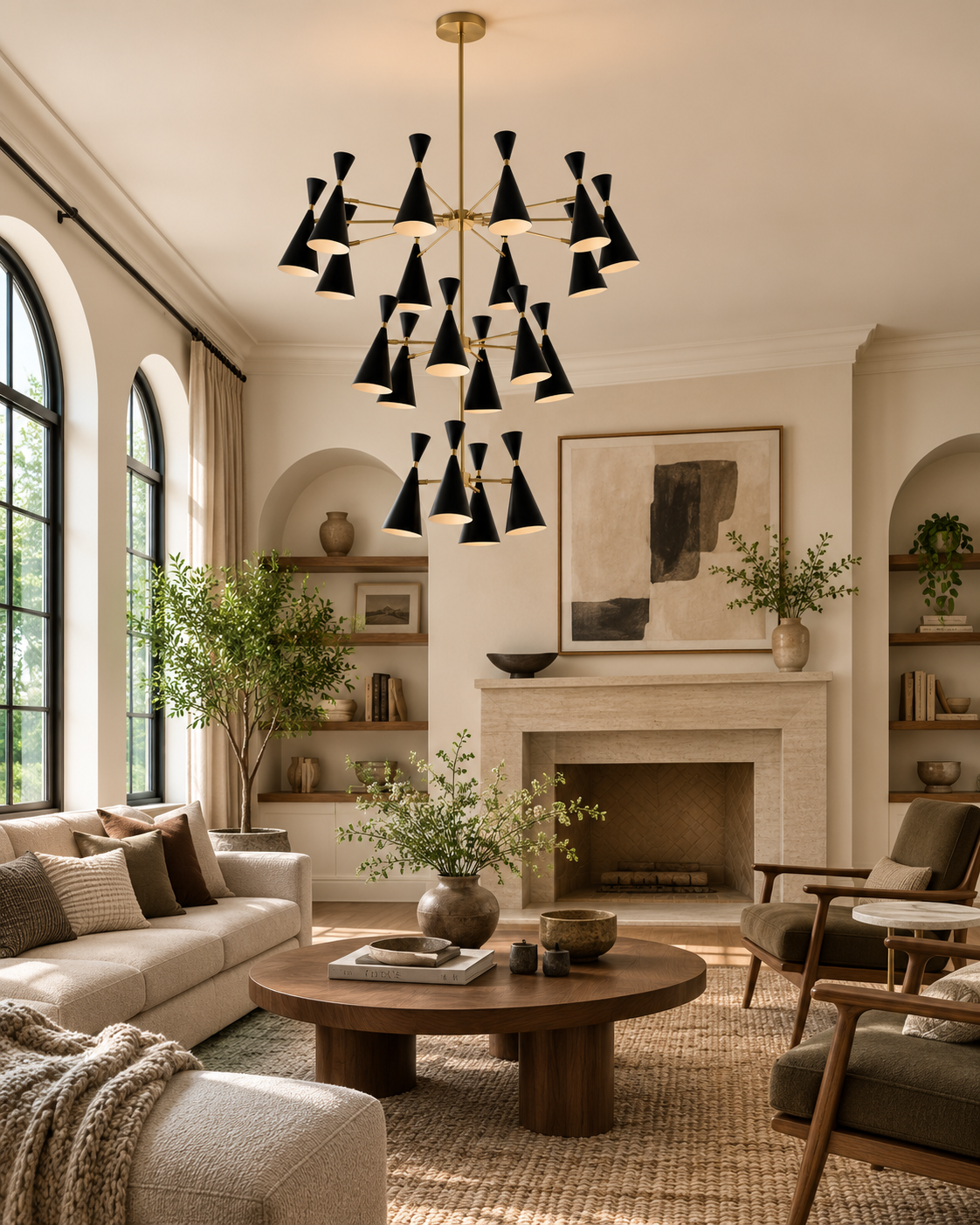 Oslo 20 light tiered chandelier illuminating a warm Mid-Century Modern living room with black cone shades and brass accents.