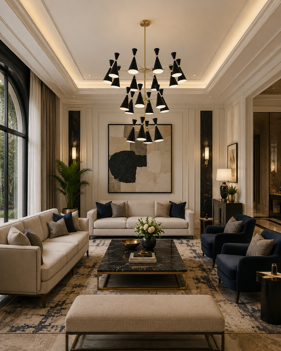 Oslo 20 light black and brass chandelier displayed in an elegant luxury living room with a dramatic three-tier silhouette.