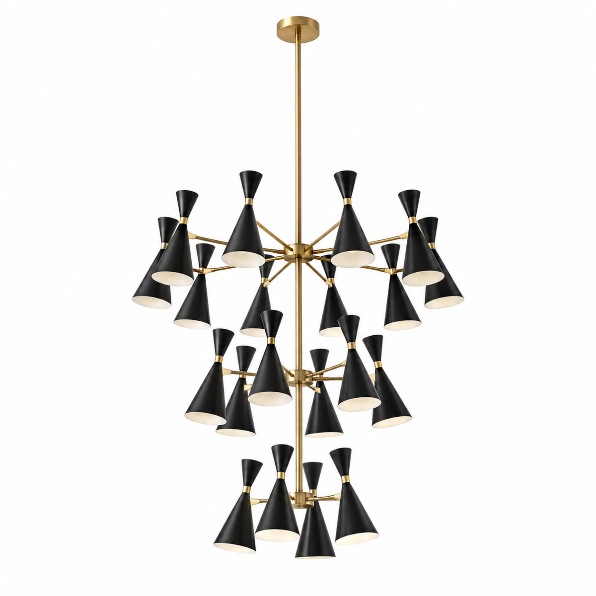 Oslo 20 light sculptural chandelier featuring three tiers of black tapered cone shades, brass-tone arms and a long central downrod.