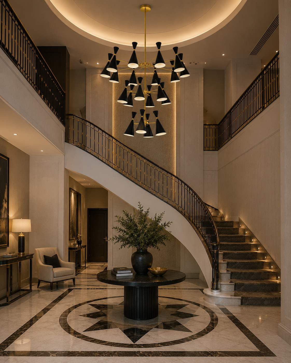 Oslo 20 light black and brass tiered chandelier displayed in a grand staircase foyer with high ceilings and elegant architectural details.