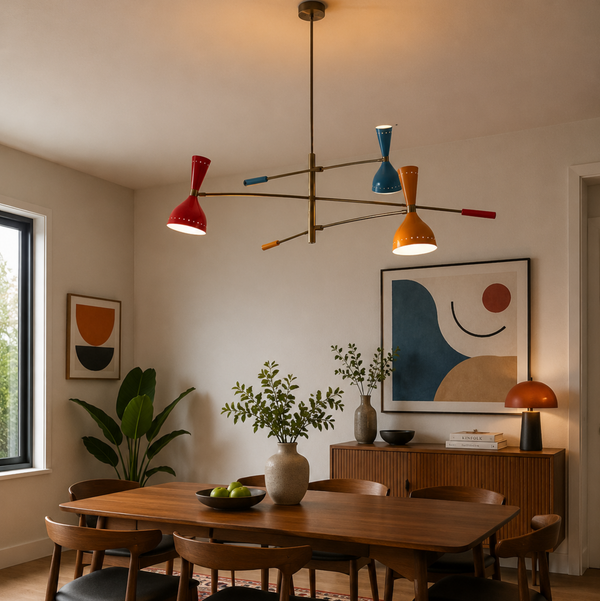 Oxford 6 light sculptural multicolor chandelier installed above a wooden dining table in a warm Mid-Century Modern dining room.