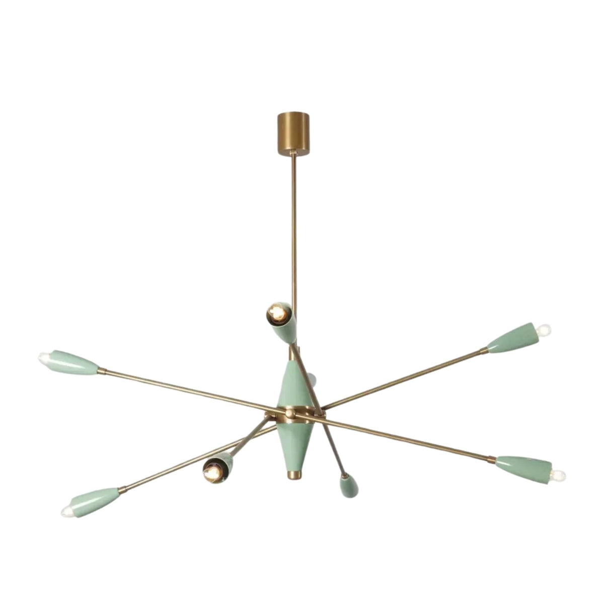 Angled view of the Oxford 8 light chandelier with mint green accents and radiating brass-tone arms in a sculptural retro design.
