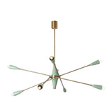 Angled view of the Oxford 8 light chandelier with mint green accents and radiating brass-tone arms in a sculptural retro design.