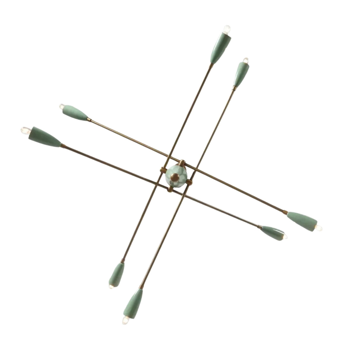 Bottom view of the Oxford 8 light chandelier showing its crossing brass-tone arms, mint green tapered holders and geometric starburst arrangement.