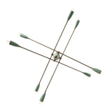 Bottom view of the Oxford 8 light chandelier showing its crossing brass-tone arms, mint green tapered holders and geometric starburst arrangement.