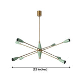 Oxford 8 light mint green and brass chandelier dimension view showing a 32 inch overall width.
