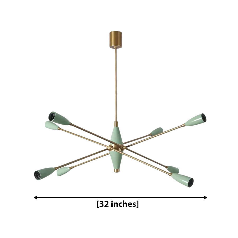Oxford 8 light mint green and brass chandelier displayed above a large kitchen island in a sophisticated contemporary kitchen.