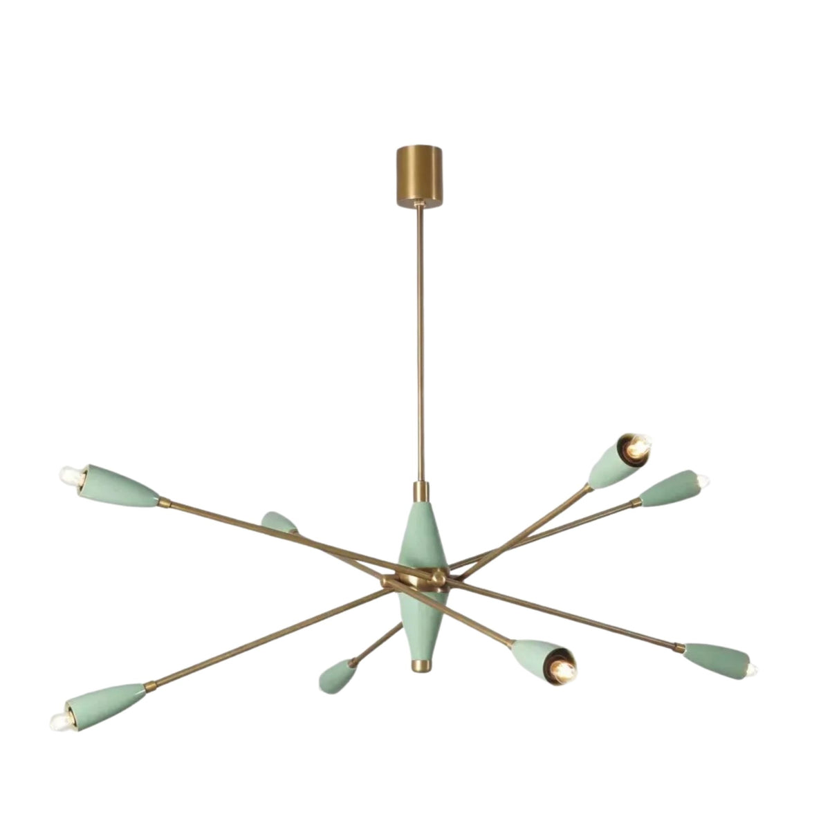 Oxford 8 light sculptural chandelier featuring mint green tapered holders, slender brass-tone arms and a Mid-Century Modern starburst design.