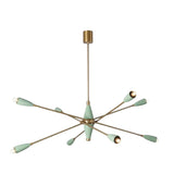 Oxford 8 light sculptural chandelier featuring mint green tapered holders, slender brass-tone arms and a Mid-Century Modern starburst design.