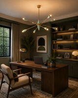Oxford 8 light mint green and brass sculptural chandelier displayed above a walnut desk in an elegant modern home office.