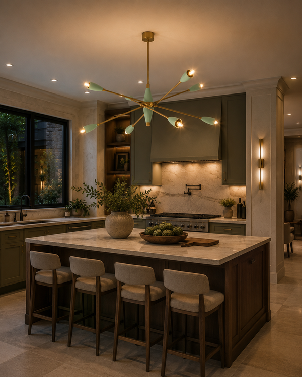 Oxford 8 light mint green and brass chandelier displayed above a large kitchen island in a sophisticated contemporary kitchen.