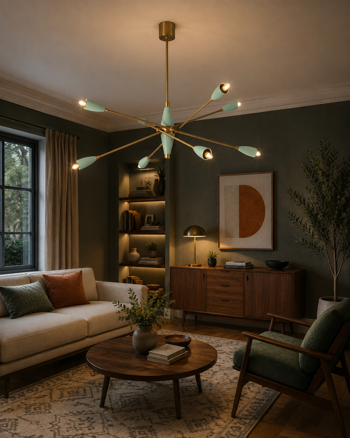 Oxford 8 light mint green and brass chandelier illuminating a warm Mid-Century Modern living room with walnut furniture.