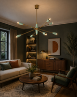 Oxford 8 light mint green and brass chandelier illuminating a warm Mid-Century Modern living room with walnut furniture.