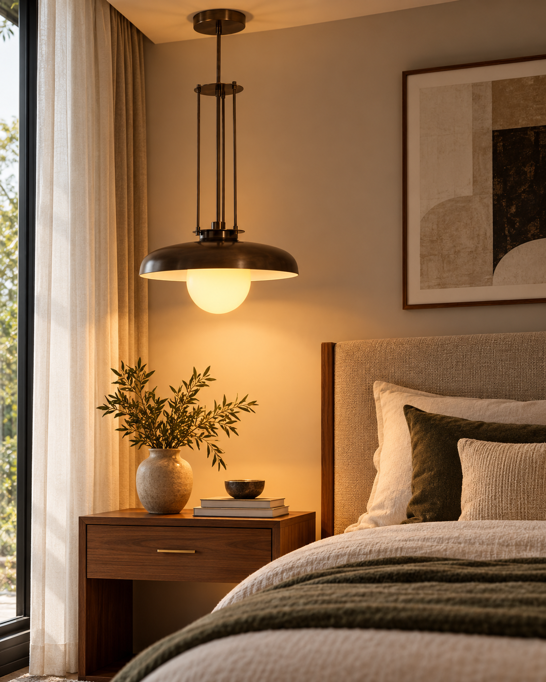 Palermo bronze dome pendant used as a bedside light in a contemporary bedroom featuring a walnut nightstand, upholstered headboard, neutral bedding, and soft warm illumination.