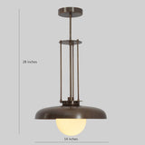 Dimension diagram of the Palermo industrial dome pendant showing a 14-inch shade diameter and 28-inch overall height with a bronze-tone metal frame and white globe.