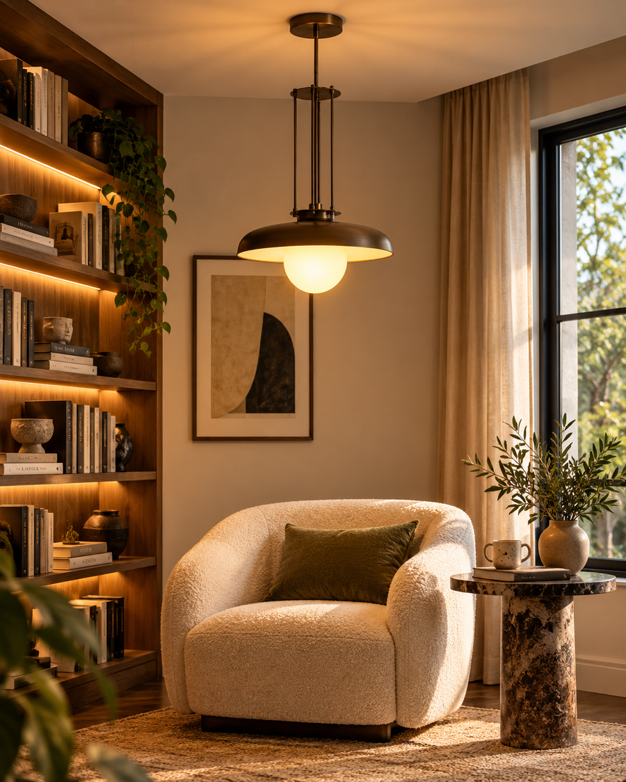 Palermo 1-light bronze dome pendant hanging above a cozy reading corner with a cream bouclé armchair, marble side table, walnut bookshelves, and warm ambient lighting.