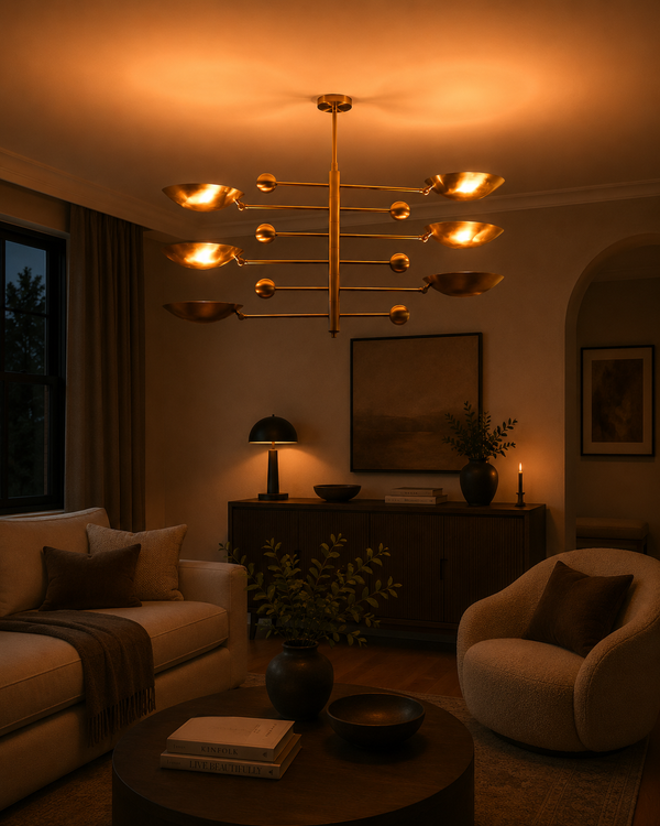 Palermo Orbital chandelier installed in a warm living room, creating dramatic Mid-Century Modern ambient lighting.