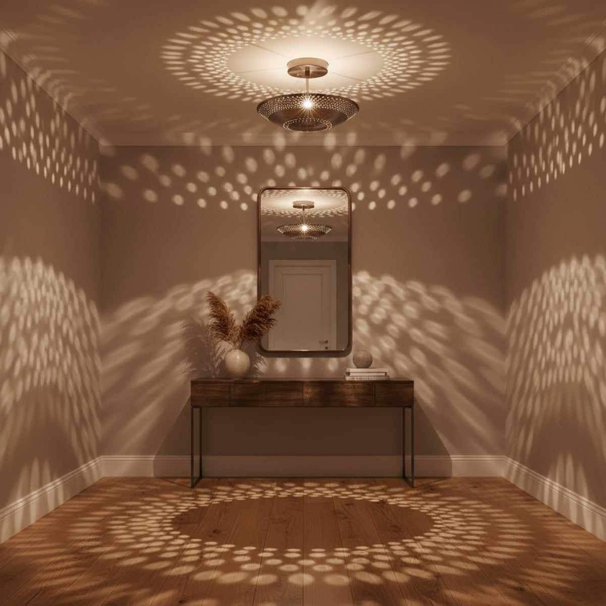 Palermo 5 light perforated metal bowl chandelier shown from an angled view with round ceiling canopy.