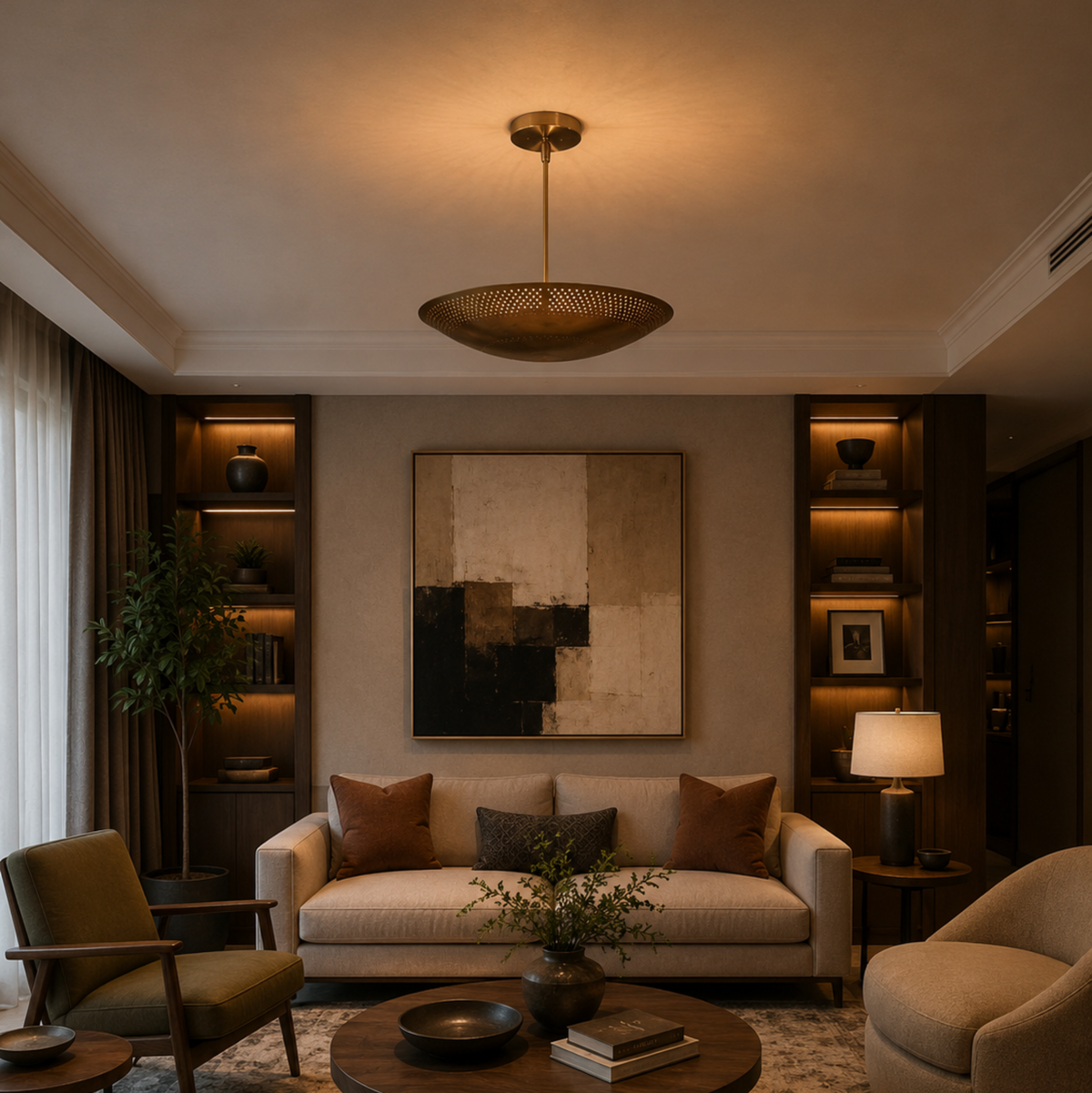 Palermo 5 light brass tone perforated bowl chandelier installed in a modern living room with warm ambient lighting.