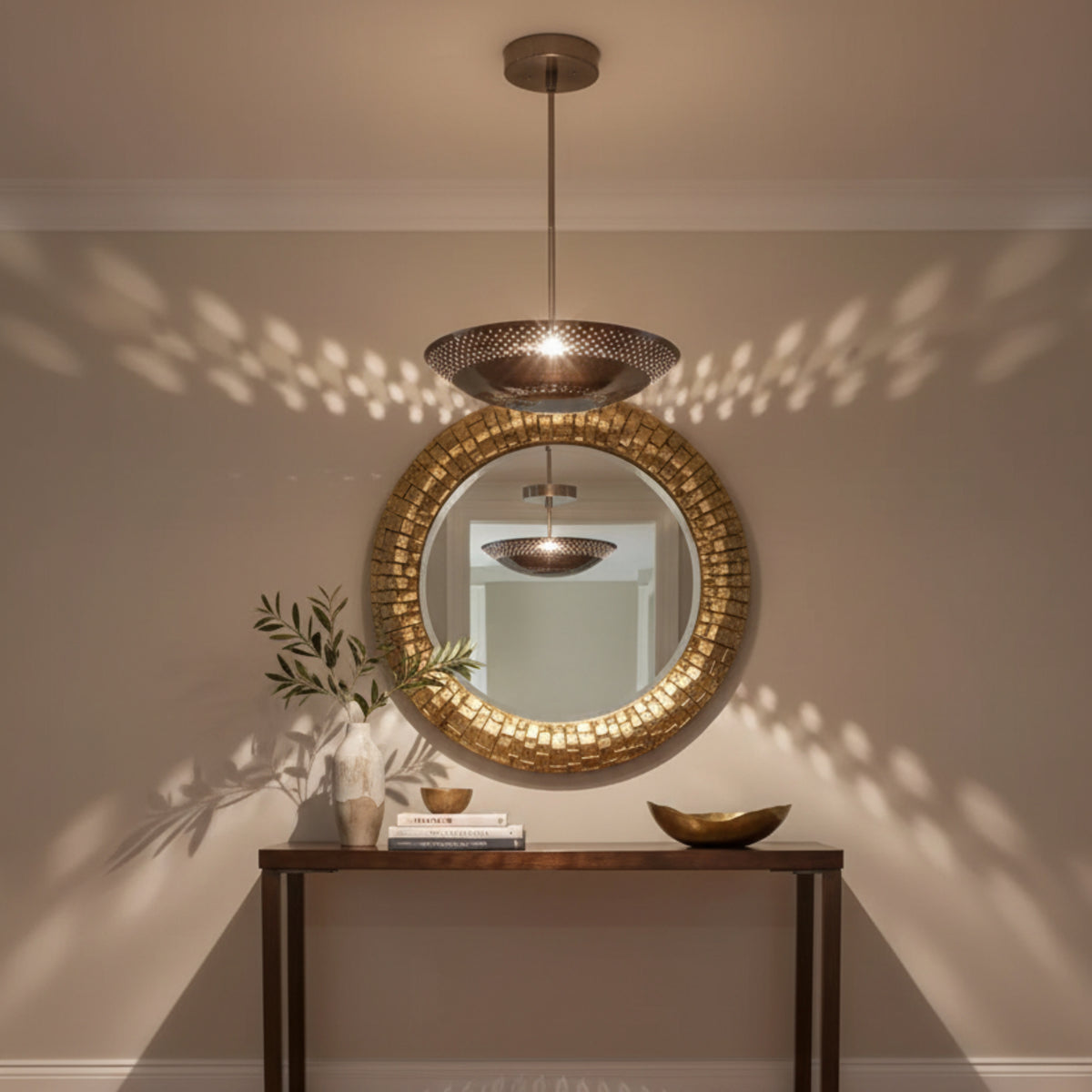 Palermo 5 light perforated metal bowl chandelier shown from a side angle with compact downrod and round canopy.