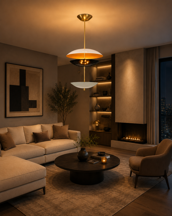 Palermo Tiered Saucer Chandelier styled in a modern living room with warm lighting and elegant décor.