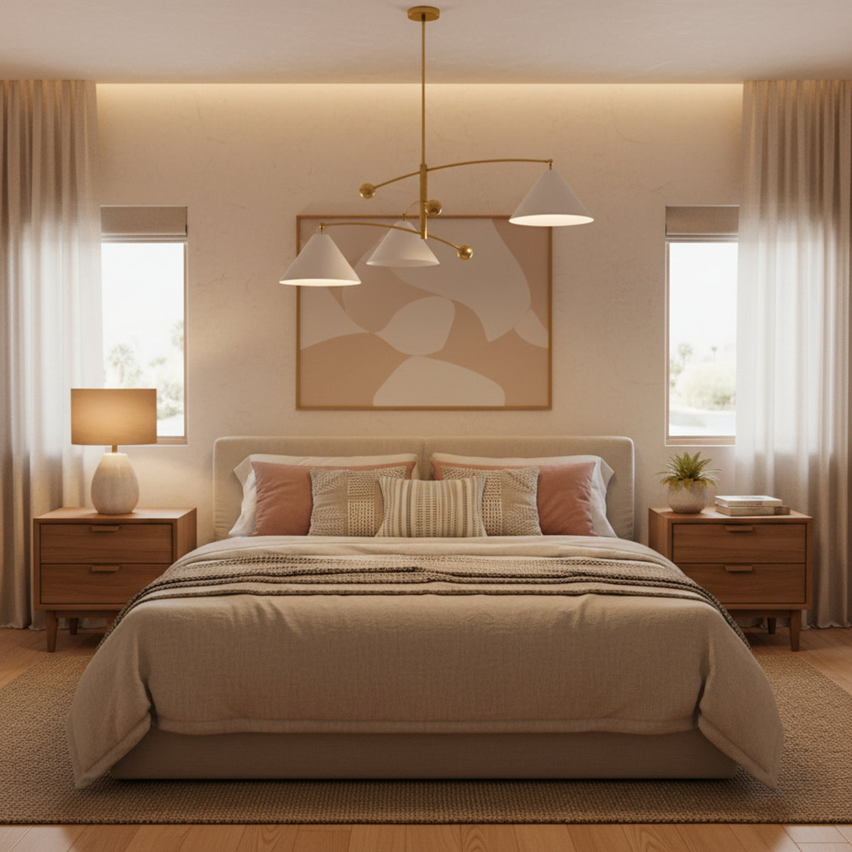 Palm Springs 3 light sculptural chandelier shown from an alternate angle highlighting its asymmetrical curved-arm design and tapered shades.