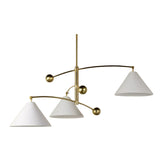 Palm Springs 3 light counterbalance chandelier shown from an angled view with white cone shades, brass-tone curved arms, and decorative spherical accents.