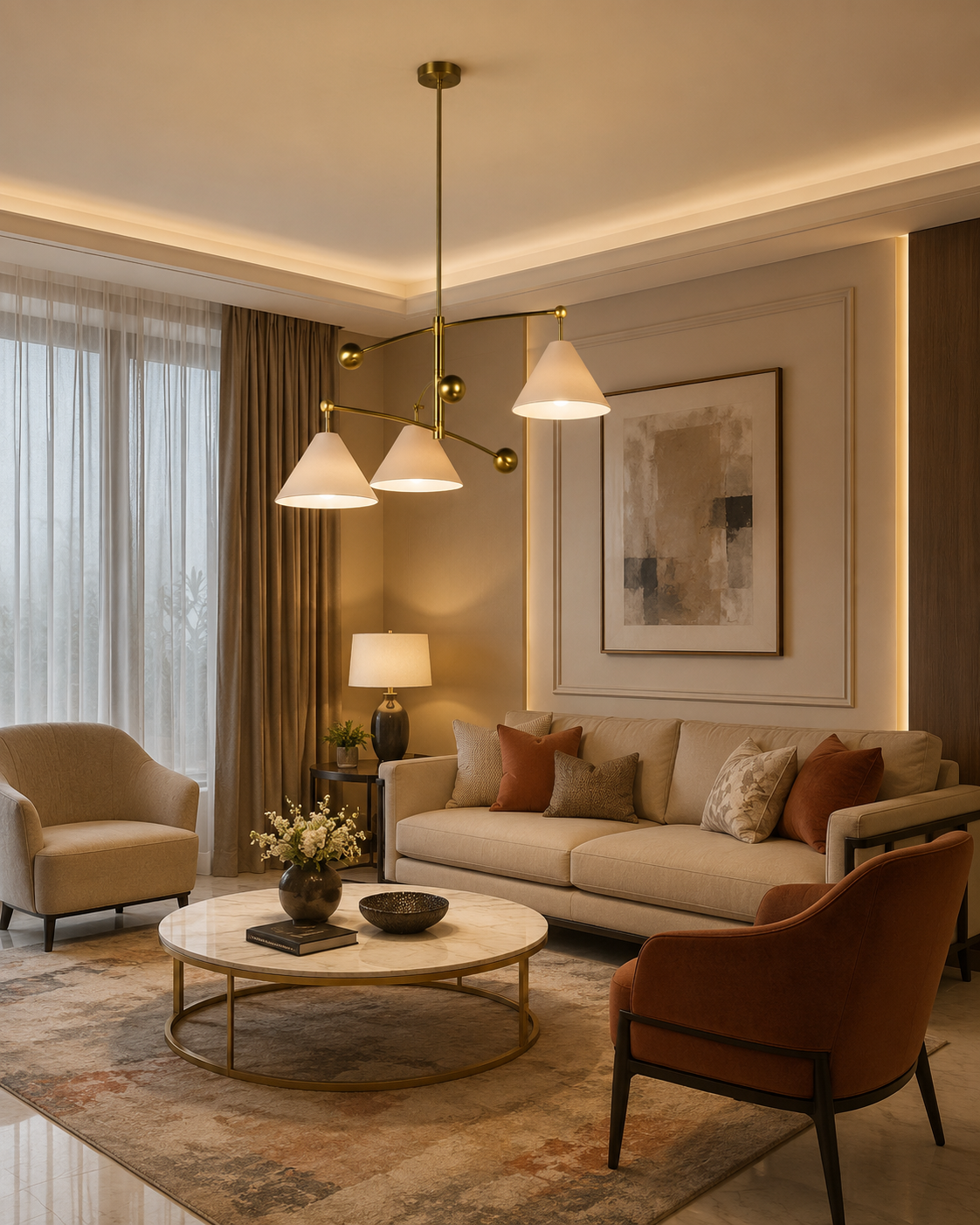 Palm Springs 3 light cream cone chandelier illuminated in a warm contemporary living room with curved brass-tone arms and Mid-Century Modern styling.