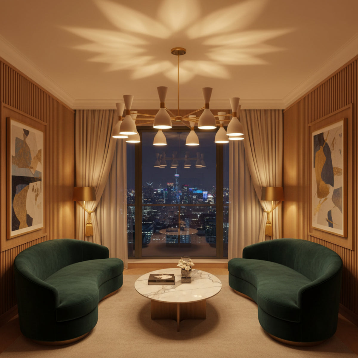 Paris 20 light Mid-Century Modern chandelier shown from the front with white double cone shades and a brass-tone starburst frame.