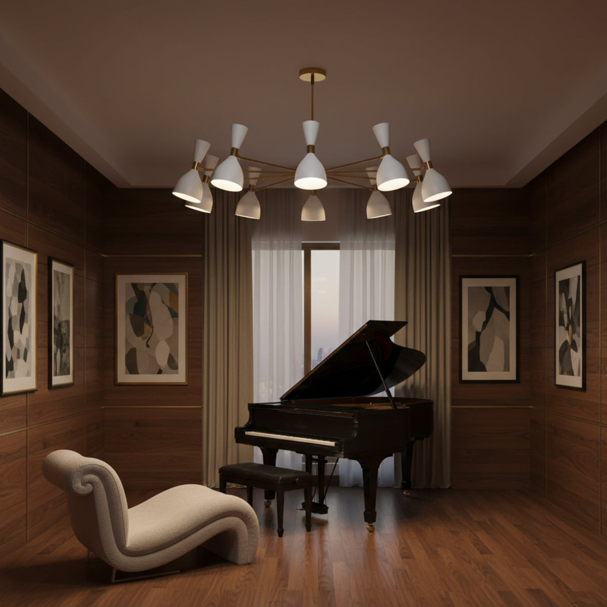 Paris 20 light Sputnik chandelier shown from an angled view highlighting white double cone shades and sculptural brass-tone radial arms.