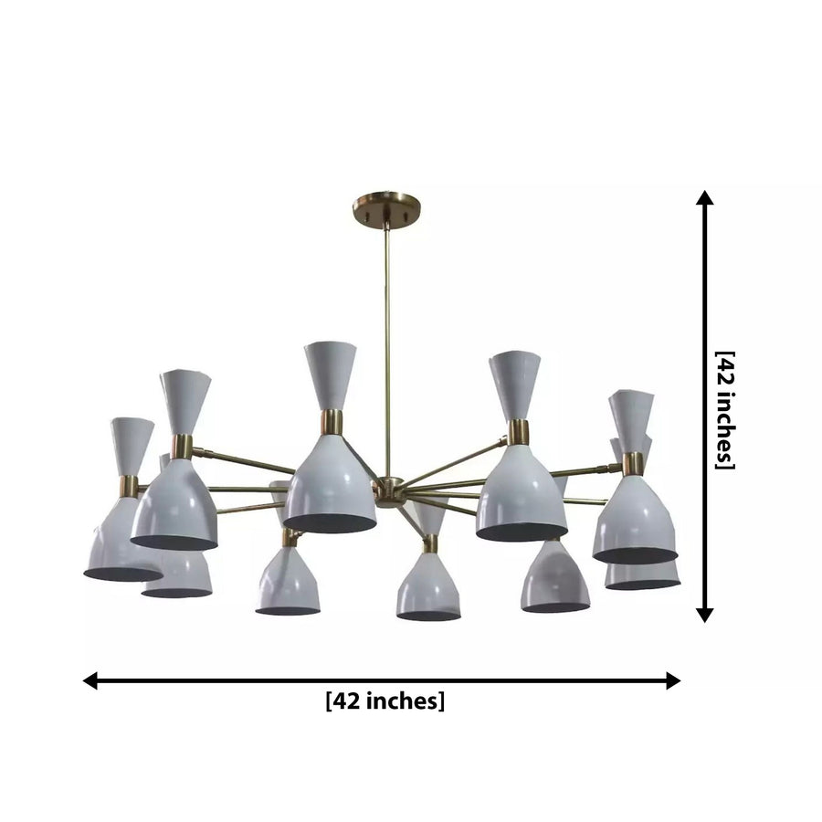 Paris 20 light white double cone Sputnik chandelier shown from the front with brass-tone radial arms and a Mid-Century Modern design.