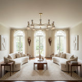 Paris 20 light white double cone Sputnik chandelier shown from the front with brass-tone radial arms and a Mid-Century Modern design.