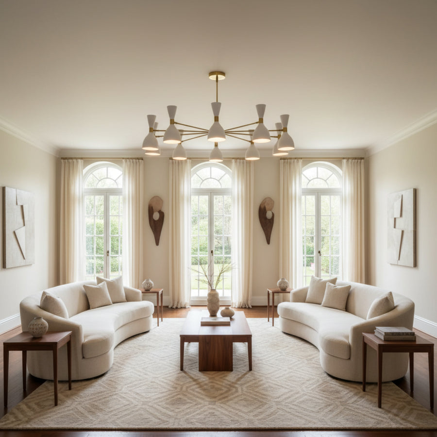 Paris 20 light white double cone Sputnik chandelier shown from the front with brass-tone radial arms and a Mid-Century Modern design.