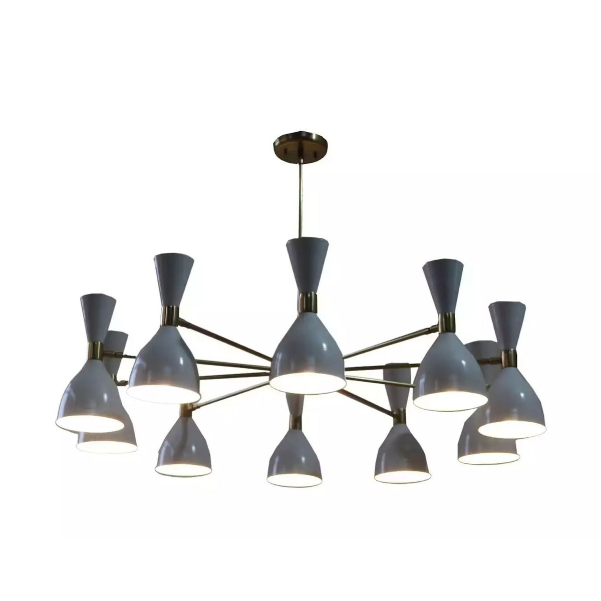 Paris 20 light white double cone Sputnik chandelier shown illuminated with warm light and brass-tone multi-arm construction.