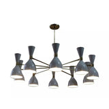 Paris 20 light white double cone Sputnik chandelier shown illuminated with warm light and brass-tone multi-arm construction.