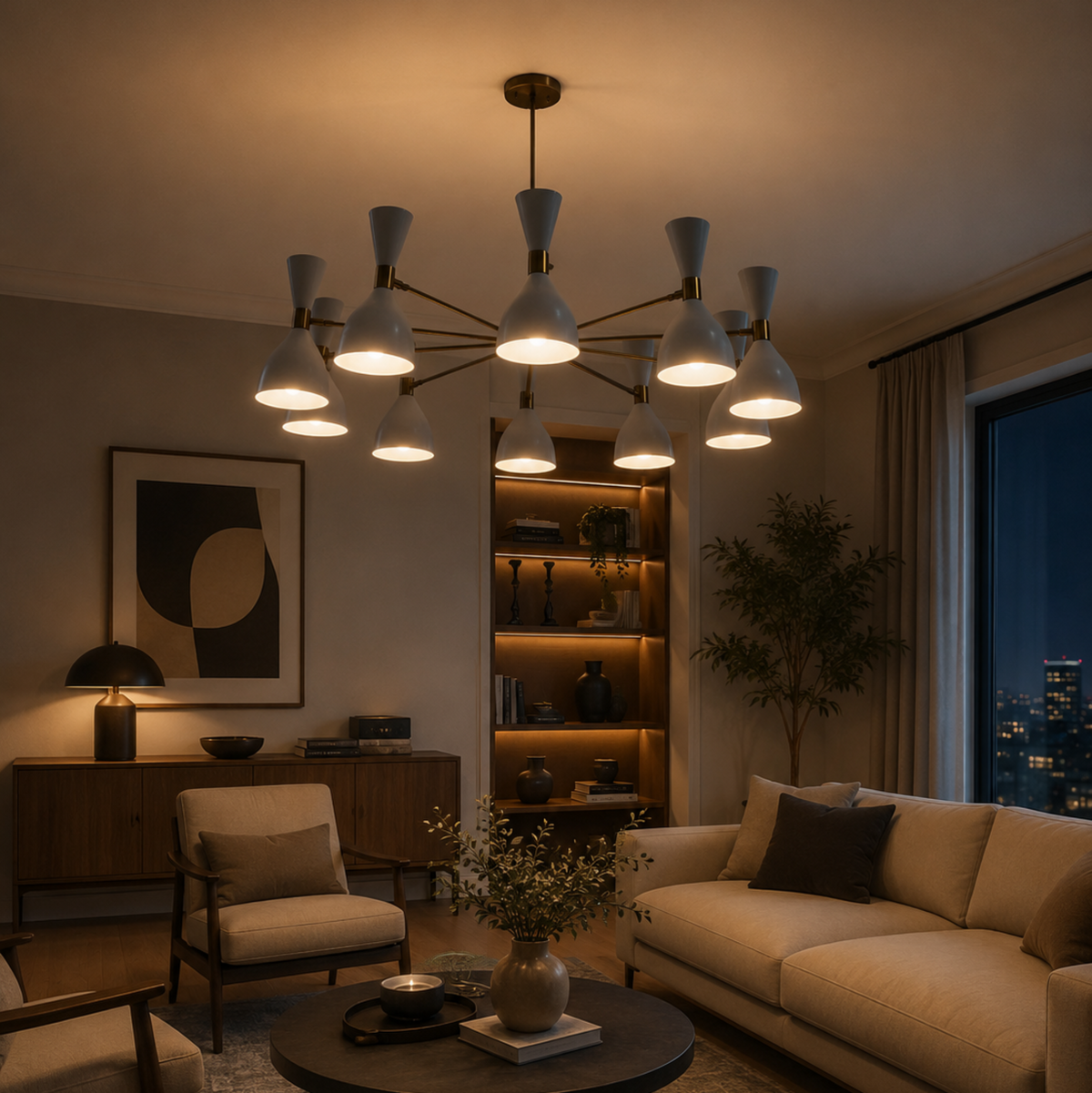 Paris 20 light white double cone Sputnik chandelier illuminated in a warm contemporary living room with Mid-Century Modern decor.