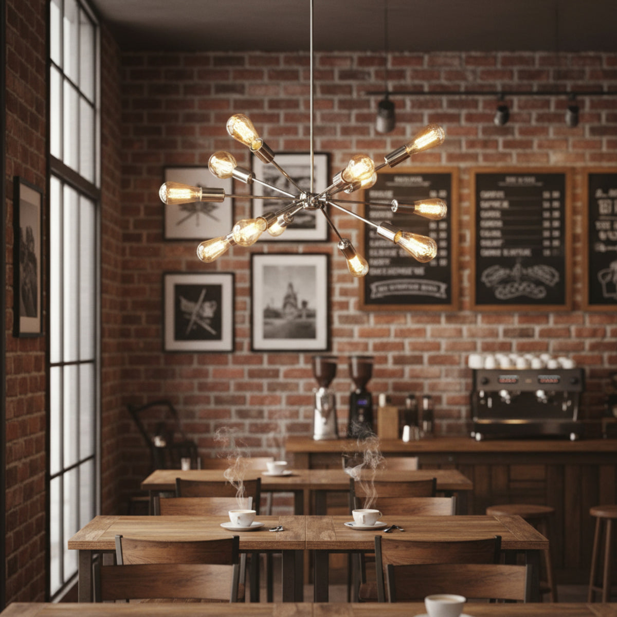 Paris 12 light polished metal Sputnik chandelier shown from an angled perspective with illuminated Edison bulbs.