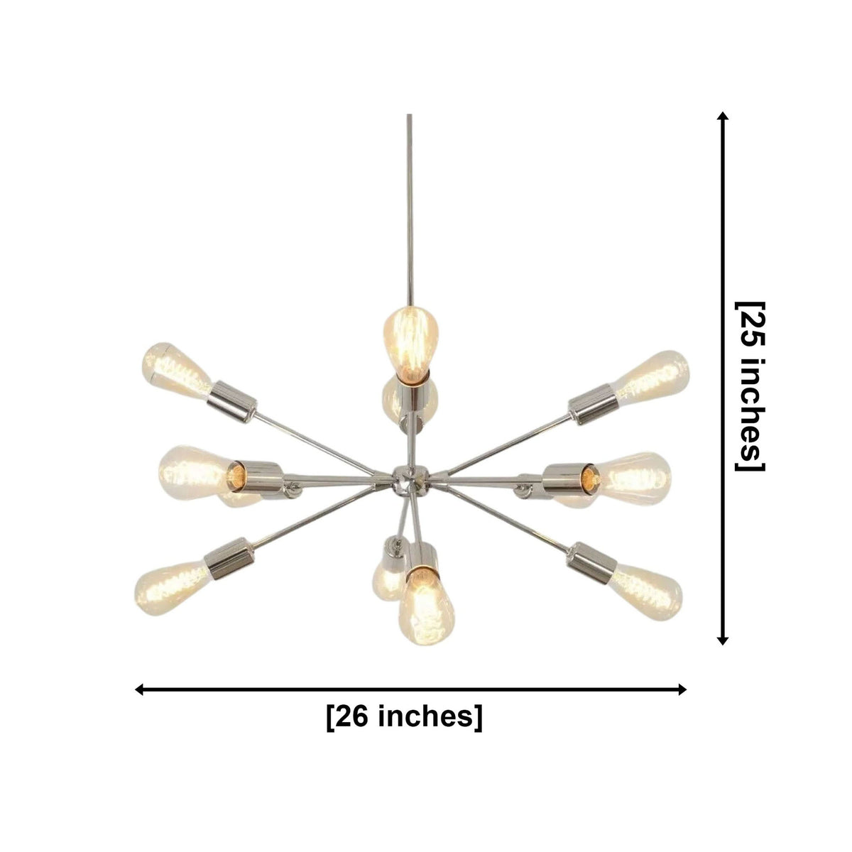 Paris 12 light Sputnik chandelier dimension view showing 26 inch width and 25 inch overall height.