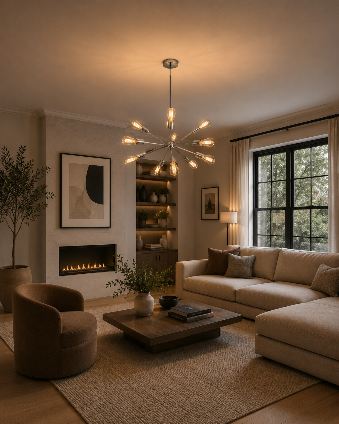 Paris 12 light Sputnik chandelier installed in a modern living room with warm illuminated bulbs and contemporary interior decor.