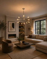Paris 12 light Sputnik chandelier installed in a modern living room with warm illuminated bulbs and contemporary interior decor.