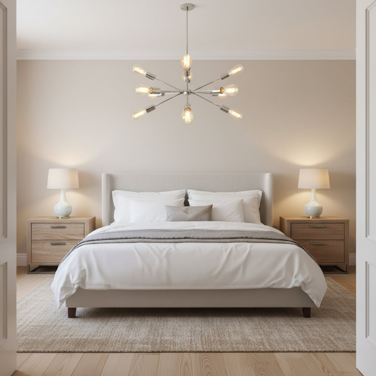 Paris 12 light Sputnik chandelier in polished metal finish shown in a straight-on view with warm illuminated bulbs.