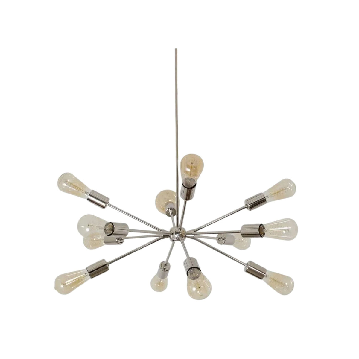 Paris 12 light Sputnik chandelier shown unlit with exposed bulbs, radial arms, and polished metal finish.
