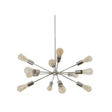 Paris 12 light Sputnik chandelier shown unlit with exposed bulbs, radial arms, and polished metal finish.