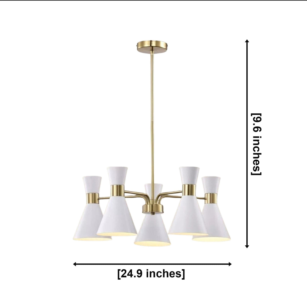 Paros 5 light chandelier close-up highlighting white hourglass cone shades, curved arms and satin brass details.