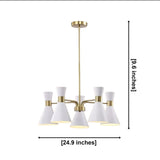 Paros 5 light chandelier close-up highlighting white hourglass cone shades, curved arms and satin brass details.