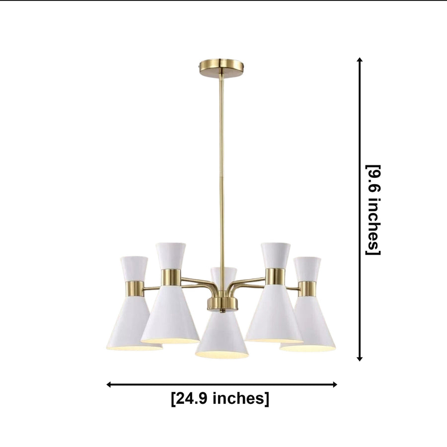 Paros 5 light satin brass chandelier illuminated above a modern dining table with white double cone shades and warm ambient lighting.