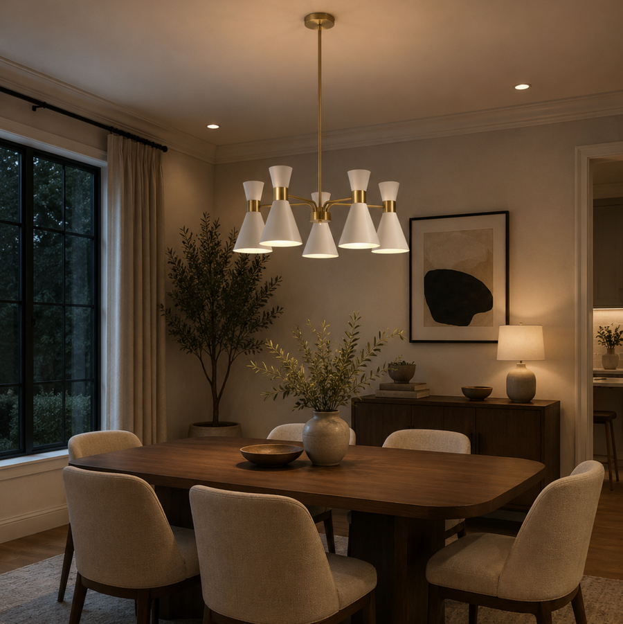 Paros 5 light satin brass chandelier illuminated above a modern dining table with white double cone shades and warm ambient lighting.
