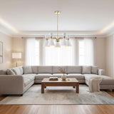 Paros 5 light satin brass chandelier with white double cone shades shown in a clean front view.