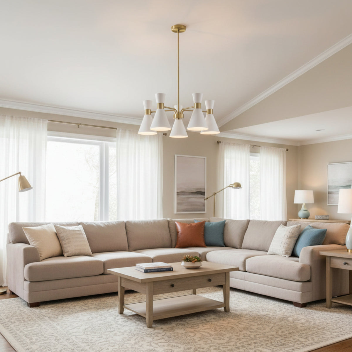 Paros 5 light satin brass chandelier shown in full view with white double cone shades and rod suspension.