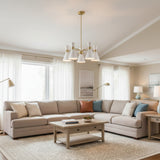 Paros 5 light satin brass chandelier shown in full view with white double cone shades and rod suspension.